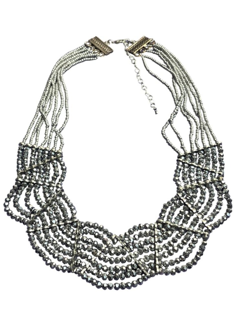 Silvertone Faceted Multi Strand Beaded Necklace Bib Statement 15-18 inches Long